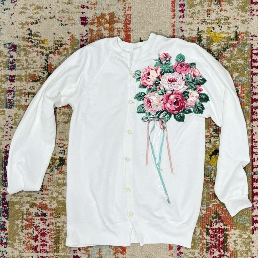 Vintage 1980s Floral Flower Button Up Grandma Ugly Sweater Sweatshirt